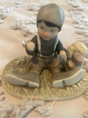 Enesco Gray and Cream Porcelain Boy with Lamb Figurine